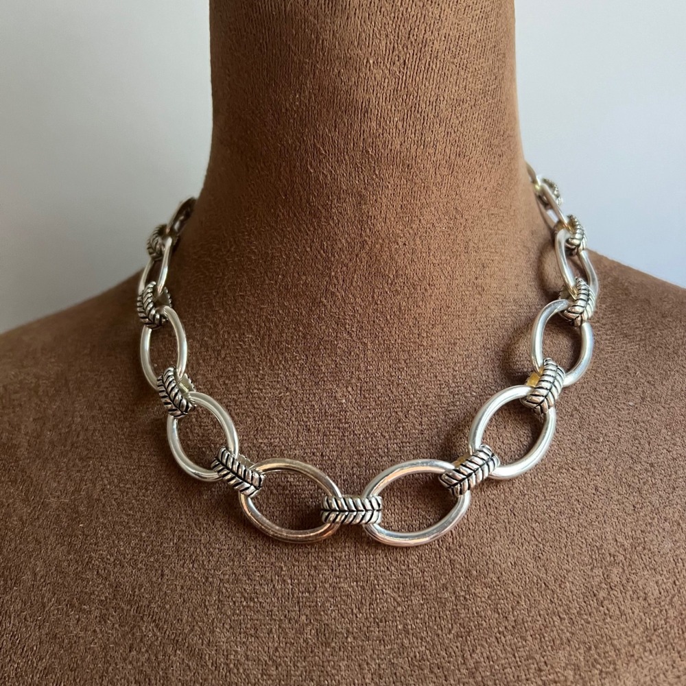 Chunky Silver Tone Oval Link Textured Rope Statement Necklace 18 Inch Eclectic